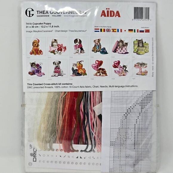 THEA GOUVERNEUR BV CROSS STITCH KIT 741A CUPCAKE PUPPY DOG 12.2" X 11.8" NEW - Picture 4 of 5